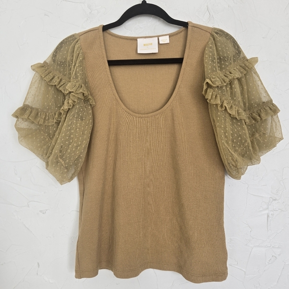 Anthro Maeve Chartreuse Mesh Puff Sleeve Top, M - Picture 2 of 9